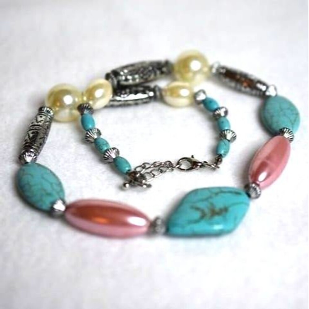 Western Fashion Turquoise Mix Bead Faux Pearl Etched Metal Work 19" Necklace